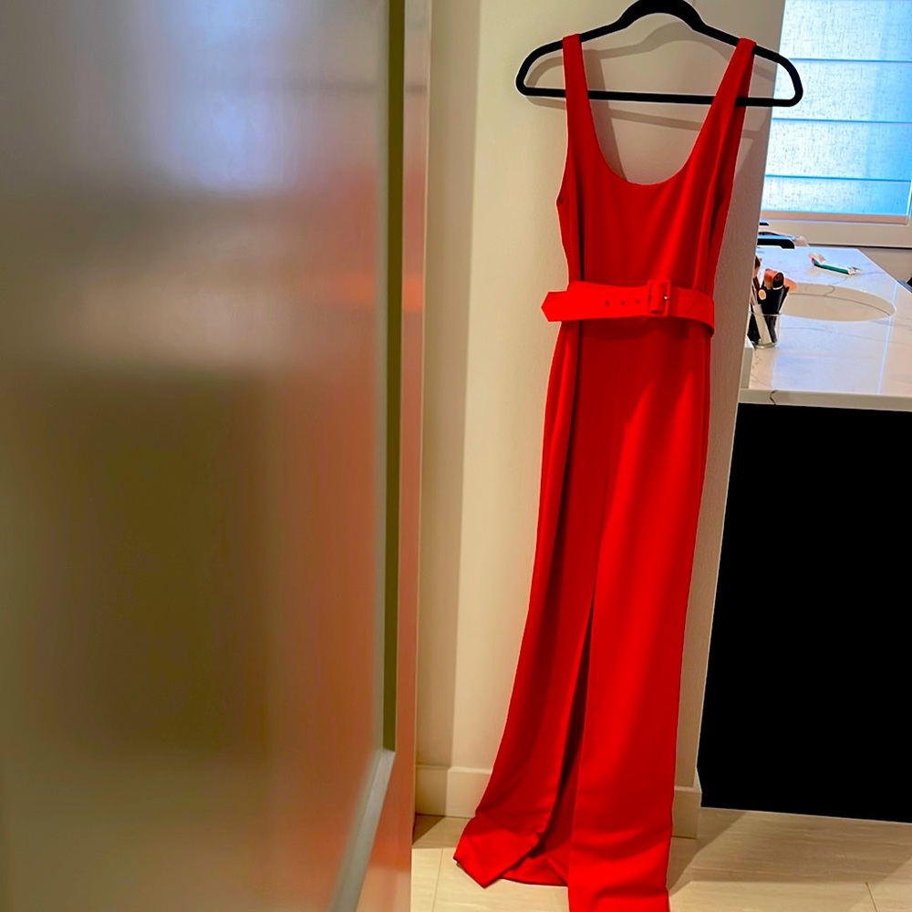 Sexy long red scoop back maxi dress with belt